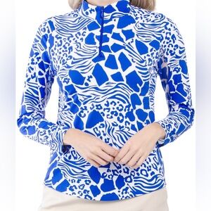 IBKUL Bianca Long Sleeve Zip Mock Golf Shirt in Royal Blue and White size Small